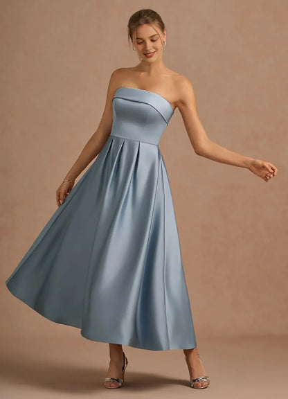Charming A-Line Strapless Neck Sleeveless Backless Tea-Length Evening Dress