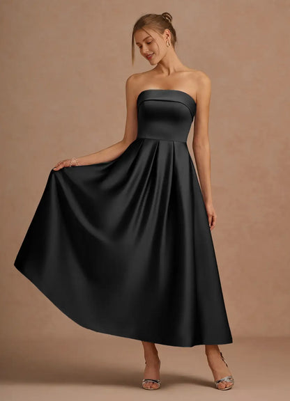 Charming A-Line Strapless Neck Sleeveless Backless Tea-Length Evening Dress