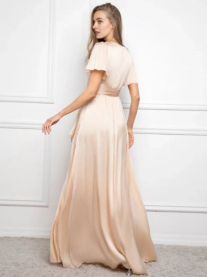 Charming A-Line V Neck Short Sleeve Floor-Length Prom Dress