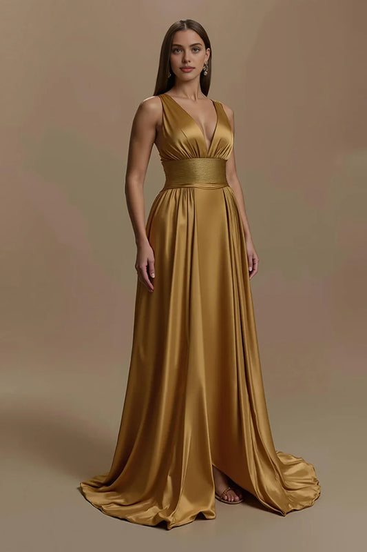 Charming A-Line V Neck Sleeveless Satin Sweep/Brush Train Prom Dress