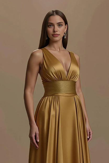 Charming A-Line V Neck Sleeveless Satin Sweep/Brush Train Prom Dress