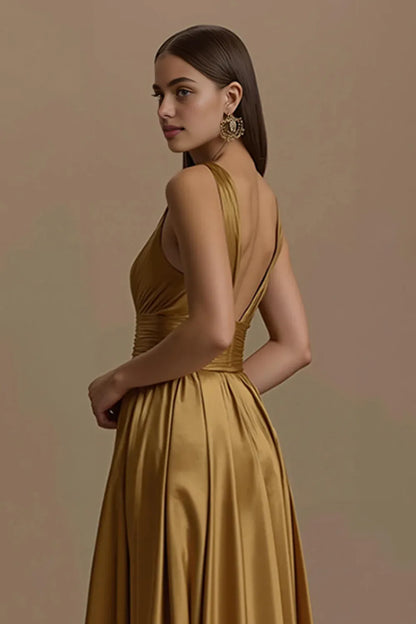 Charming A-Line V Neck Sleeveless Satin Sweep/Brush Train Prom Dress