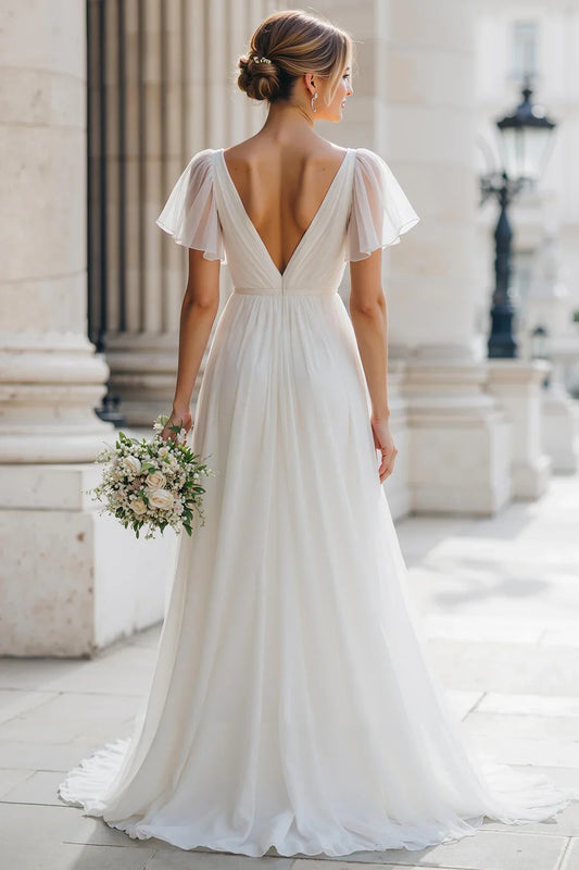 Charming A Line V-Neck Flutter Sleeve Tulle Floor-Length Wedding Dress