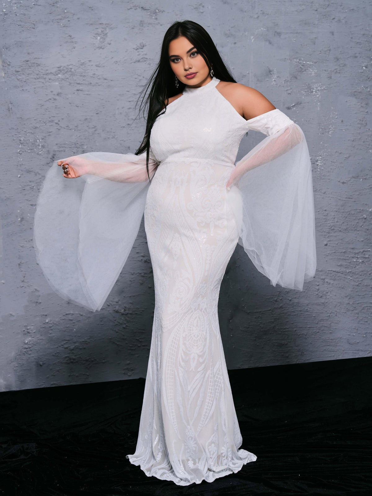 Charming Mermaid Cold Shoulder Flutter Sleeve Zipper Up Sweep/Brush Train Plus Size Prom Dress