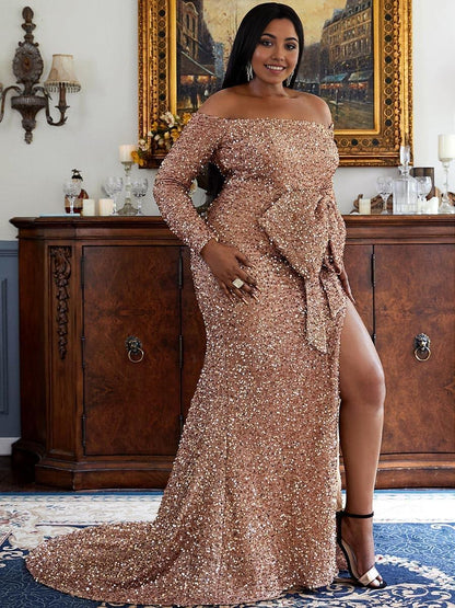 Charming Mermaid Off the Shoulder Long Sleeve Zipper Up Sweep/Brush Train Plus Size Prom Dress