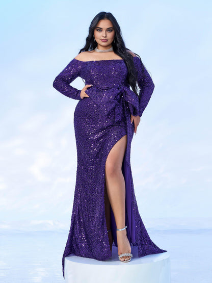 Charming Mermaid Off the Shoulder Long Sleeve Zipper Up Sweep/Brush Train Plus Size Prom Dress