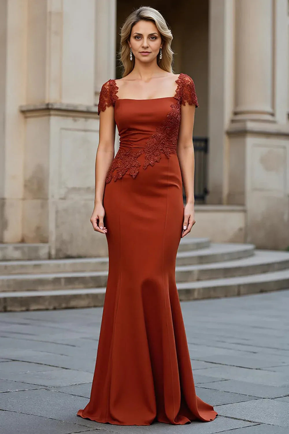 Charming Mermaid Square Neck Cap Sleeve Open Back Sweep/Brush Train Mother of the Bride Dress
