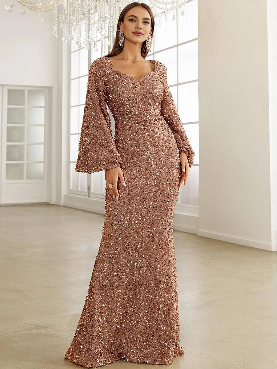 Charming Mermaid V Neck Bell Sleeve Zipper Up Sweep/Brush Train Prom Dress
