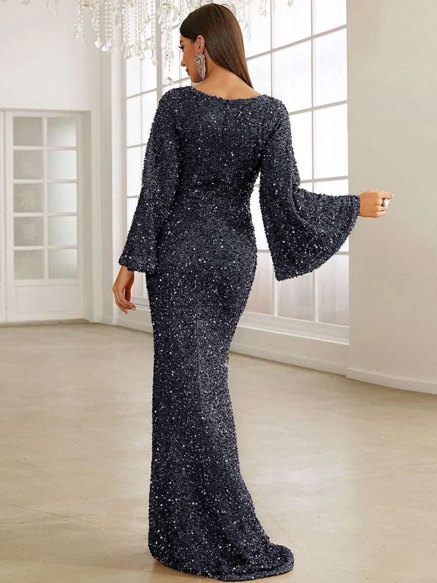 Charming Mermaid V Neck Bell Sleeve Zipper Up Sweep/Brush Train Prom Dress