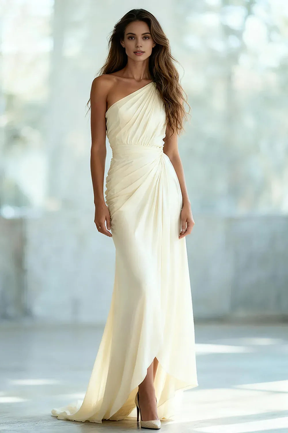 Charming Sheath/Column One Shoulder Sleeveless Chiffon Sweep/Brush Train Prom Dress
