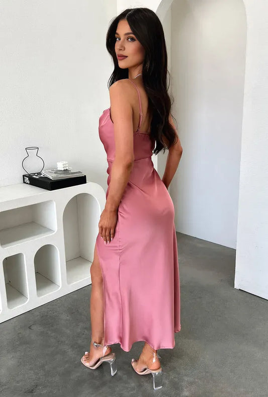Charming Sheath Cowl Neck Sleeveless Side Slit Satin Ankle-Length Prom Dress