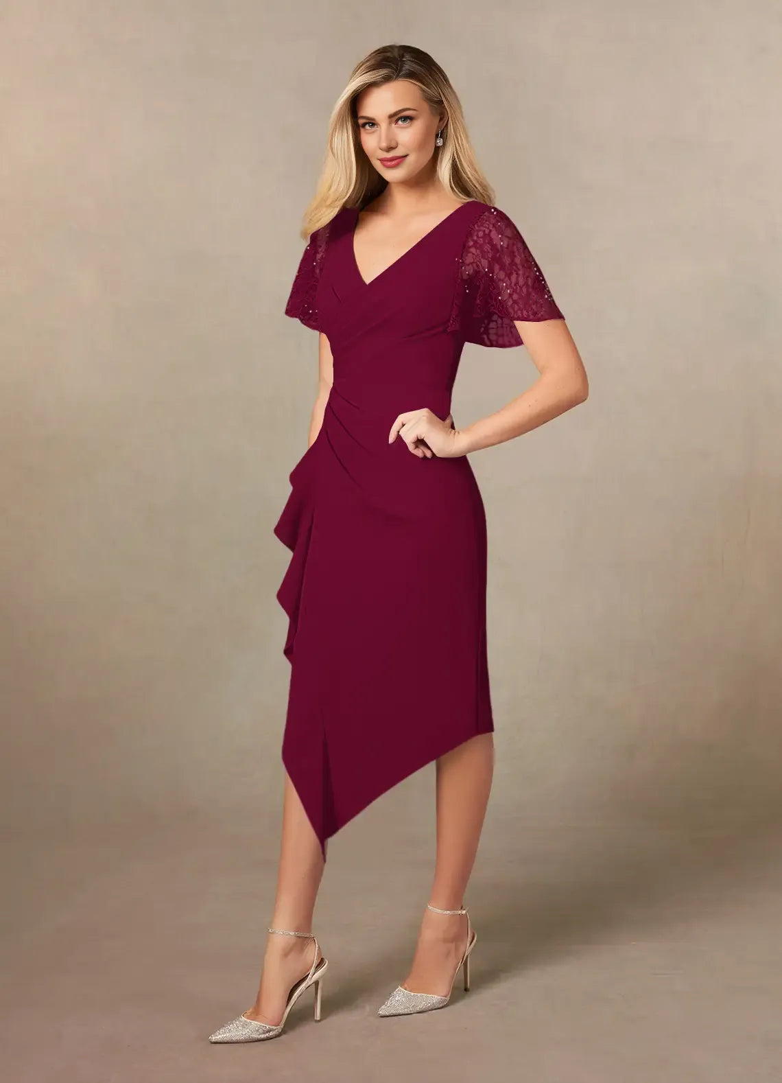 Charming Sheath V-Neck Flutter Sleeves Back Zip Tea-Length Mother of the Bride Dress