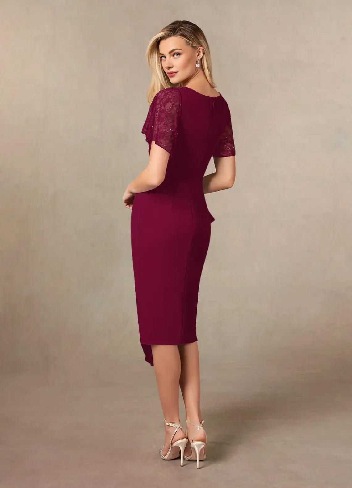 Charming Sheath V-Neck Flutter Sleeves Back Zip Tea-Length Mother of the Bride Dress
