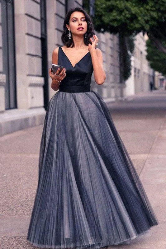 Prom Dresses Stores Charming V Neck Sleeveless Spaghetti Straps Navy Blue Ball Gown Prom Dress Formal Women's Dresses