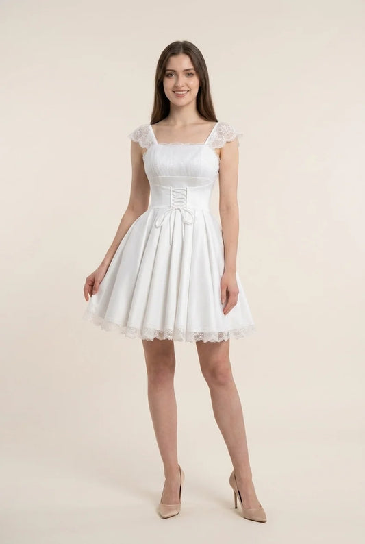 Charming A-Line Square Neck Cap Sleeve Lace Satin White Short Homecoming Dress