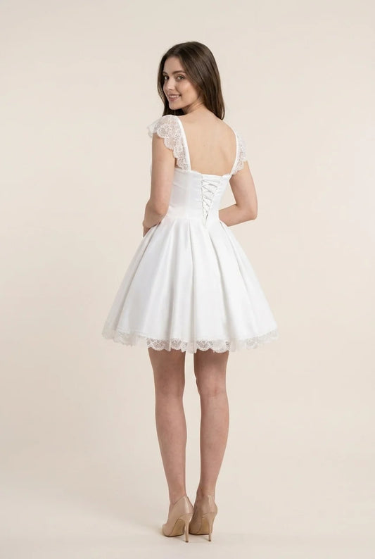 Charming A-Line Square Neck Cap Sleeve Lace Satin White Short Homecoming Dress