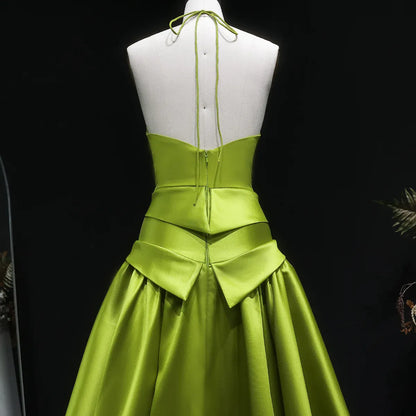 Chartreuse Halter Open Back Satin Ball Gown Formal Evening Dress