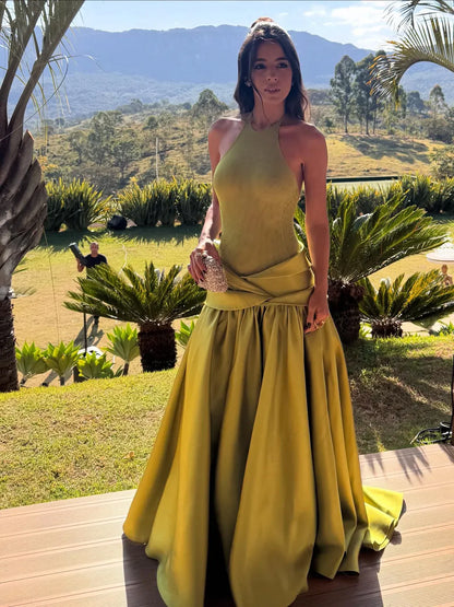Chartreuse Halter Open Back Satin Ball Gown Formal Evening Dress