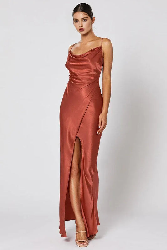 Cheap Fitted Spaghetti Straps Sleeveless Satin Floor-Length Prom Dress