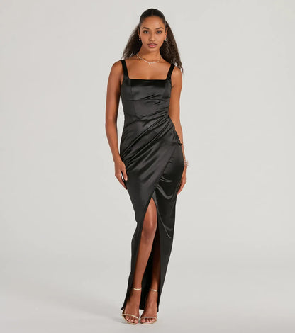 Cheap Fitted Square Neck Sleeveless Satin Floor-Length Prom Dress