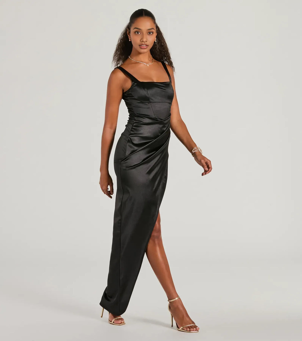 Cheap Fitted Square Neck Sleeveless Satin Floor-Length Prom Dress
