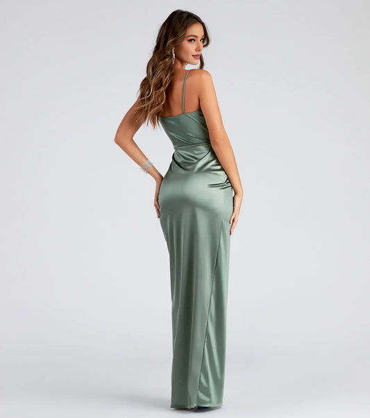Cheap Fitted Square Neck Sleeveless Satin Floor-Length Prom Dress