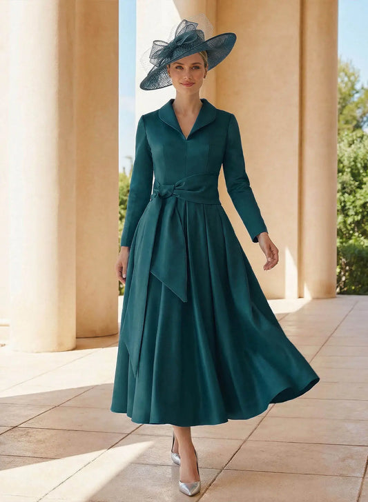 Chic A-Line Collared V-Neck Long Sleeve Teal Satin Midi Mother of the Bride Dress with Waist Sash