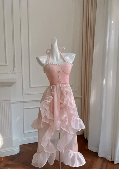 Chic A-Line Halter Neck Sleeveless Organza High Low Prom Dress