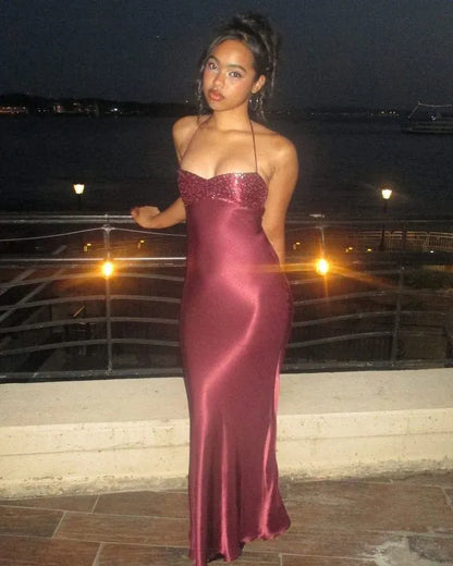 Chic Mermaid Halter Neck Sequin Bodice Satin Floor-Length Evening Maxi Dress