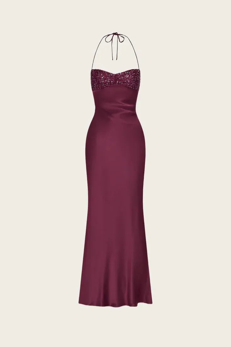 Chic Mermaid Halter Neck Sequin Bodice Satin Floor-Length Evening Maxi Dress