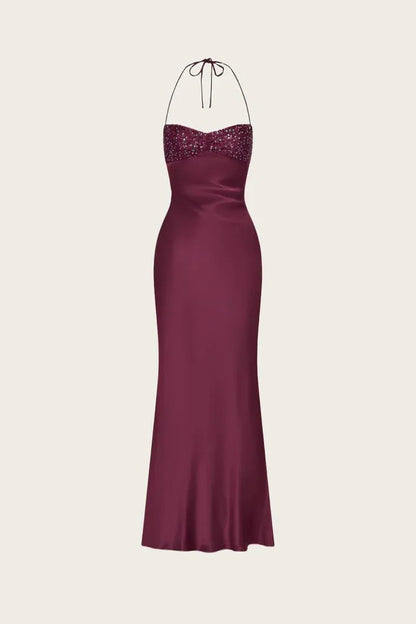 Chic Mermaid Halter Neck Sequin Bodice Satin Floor-Length Evening Maxi Dress