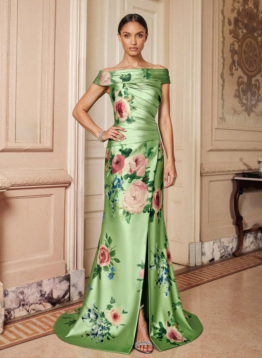 Chic Mermaid Off-the-Shoulder Green Floral Print Satin Mother of the Bride Dress