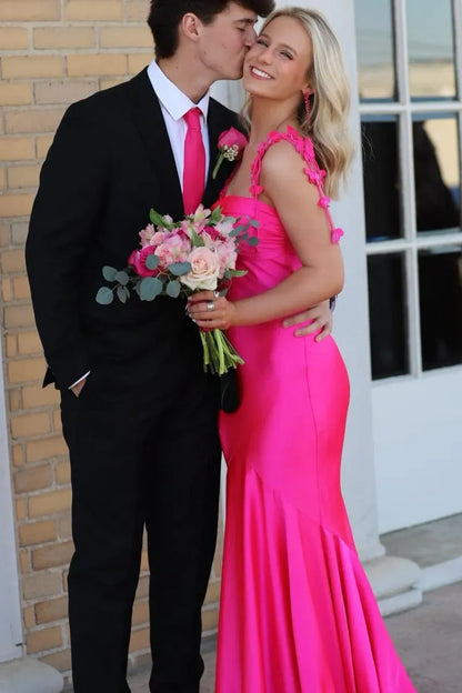 Chic Spaghetti Strap Butterfly Detail Satin Mermaid Prom Dress