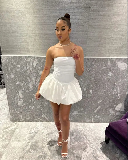 Chic Strapless Ruched Bubble Hem Mini Dress