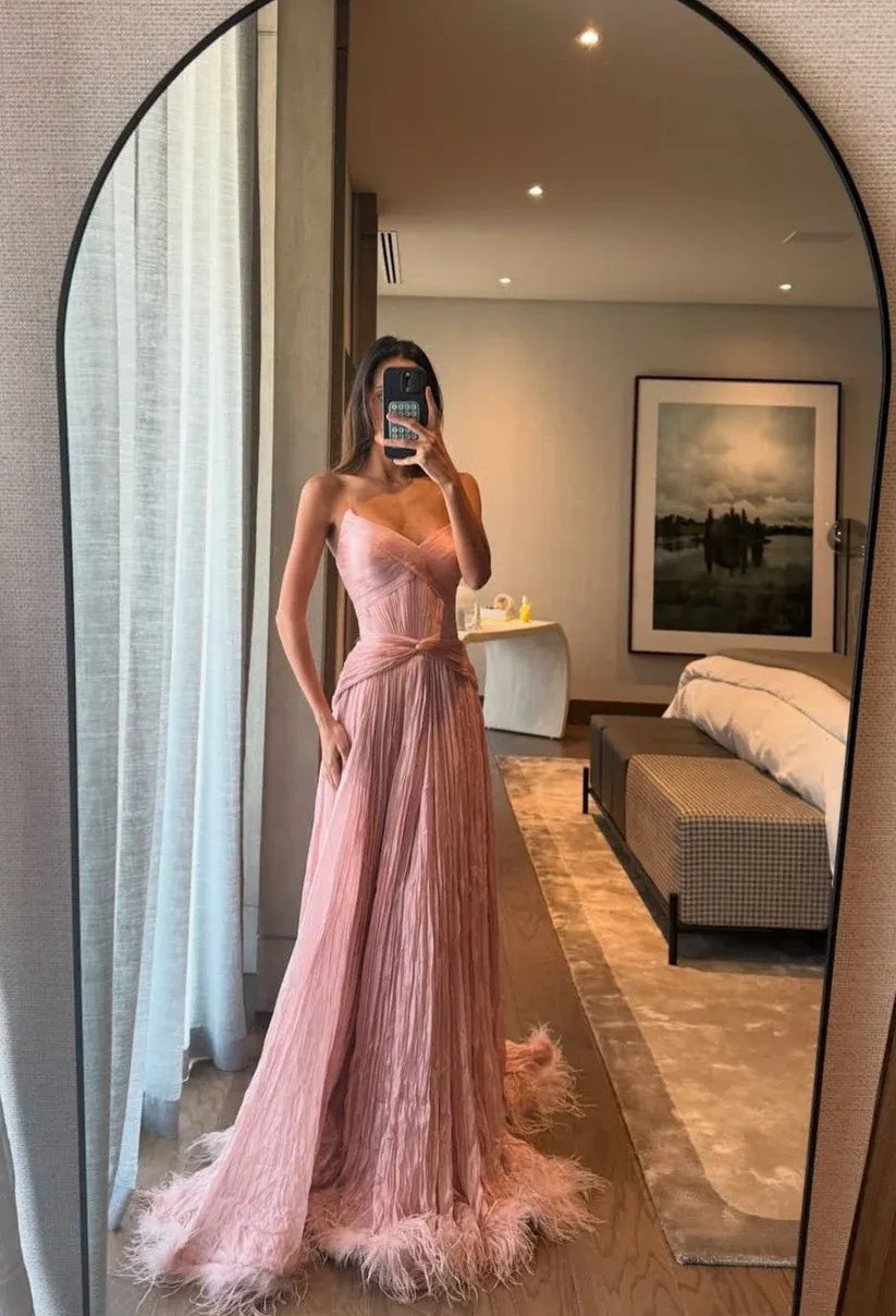Chic Strapless Sweetheart Corset Back Feather Hem Floor Length Evening Dress