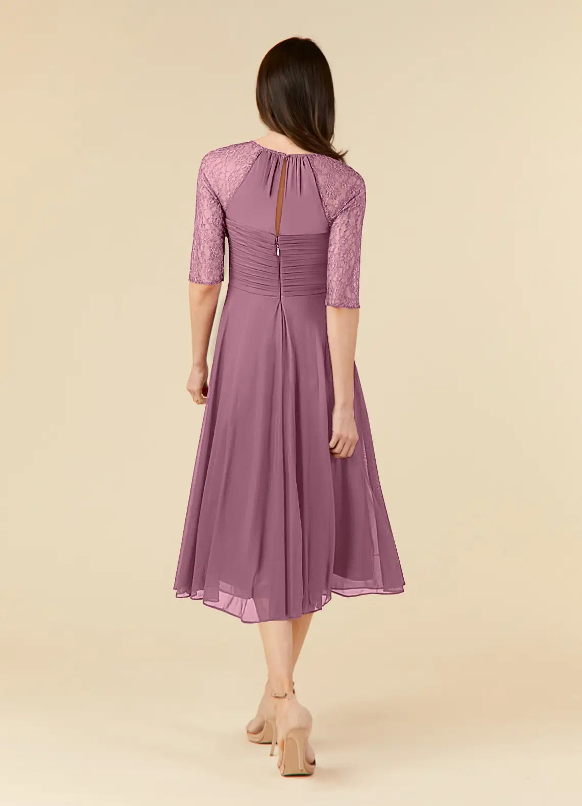 Chic A-Line Scoop Neck Three-Quarter Sleeve Back Zip Tea-Length Mother of the Bride Dress