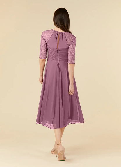 Chic A-Line Scoop Neck Three-Quarter Sleeve Back Zip Tea-Length Mother of the Bride Dress