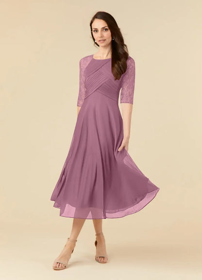 Chic A-Line Scoop Neck Three-Quarter Sleeve Back Zip Tea-Length Mother of the Bride Dress