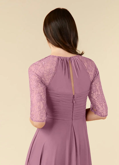 Chic A-Line Scoop Neck Three-Quarter Sleeve Back Zip Tea-Length Mother of the Bride Dress