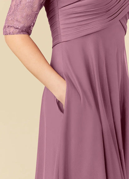 Chic A-Line Scoop Neck Three-Quarter Sleeve Back Zip Tea-Length Mother of the Bride Dress