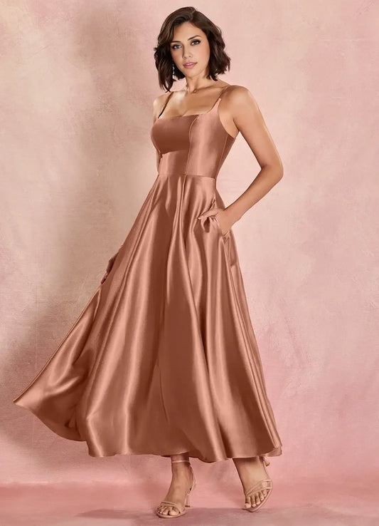 Chic A-Line Square Neck Sleeveless Lace-Up Ankle-Length Evening Dress