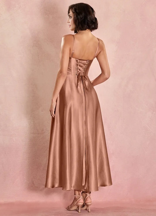 Chic A-Line Square Neck Sleeveless Lace-Up Ankle-Length Evening Dress