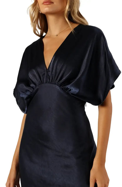 Chic A-Line V-neck Dolman Sleeve Satin Ankle-Length Prom Dress