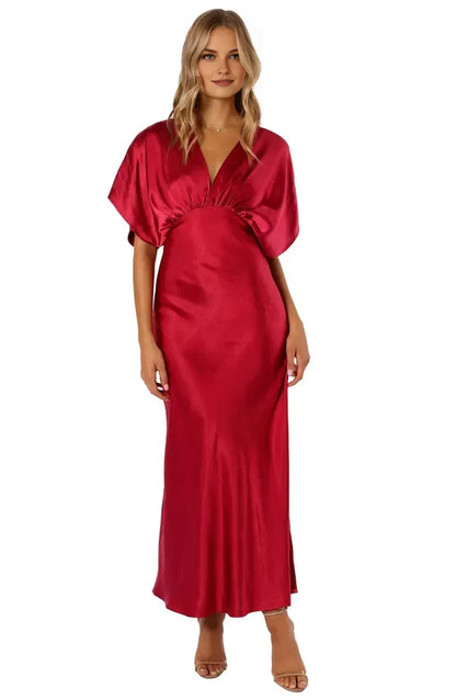 Chic A-Line V-neck Dolman Sleeve Satin Ankle-Length Prom Dress