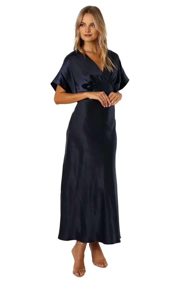 Chic A-Line V-neck Dolman Sleeve Satin Ankle-Length Prom Dress