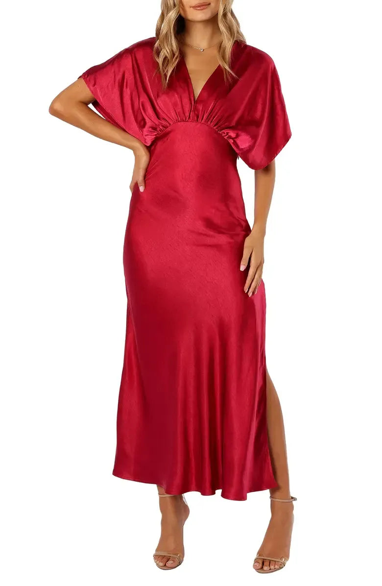Chic A-Line V-neck Dolman Sleeve Satin Ankle-Length Prom Dress