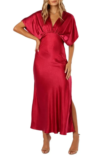 Chic A-Line V-neck Dolman Sleeve Satin Ankle-Length Prom Dress