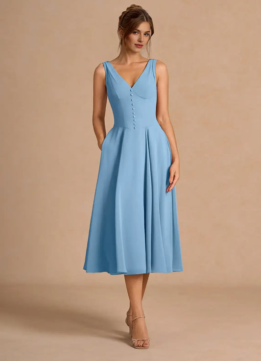 Chic A-Line V Neck Sleeveless Zipper Up Tea-Length Evening Dress
