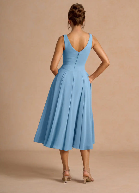Chic A-Line V Neck Sleeveless Zipper Up Tea-Length Evening Dress