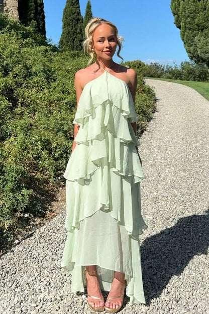 Chic A Line Halter Neck Sleeveless Lace Up Floor-Length Prom Dress
